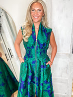 Load image into Gallery viewer, Classic Charm Royal Blue &amp; Green Floral Front Zip Midi Dress
