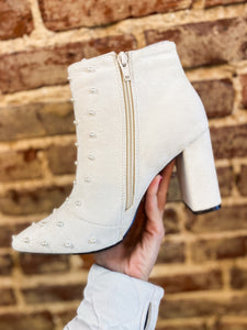 Elegant Night Pearl Studded Ivory Suede Ankle Boots