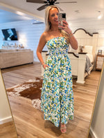 Load image into Gallery viewer, Here With You Cobalt Citrus Floral Strapless Maxi Dress
