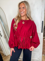 Load image into Gallery viewer, Burgundy Drawstring L/S Blouse
