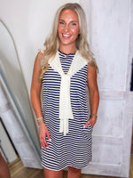 Load image into Gallery viewer, Taking A Stroll Navy Stripe Luxe Mini Dress
