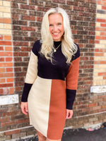 Load image into Gallery viewer, Make It Look Easy Black &amp; Taupe Color Block Sweater Dress

