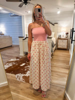 Load image into Gallery viewer, First Look Pink Polka Dot Strapless Midi Dress
