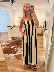 Time To Go Ivory & Black Stripe Linen Jumpsuit