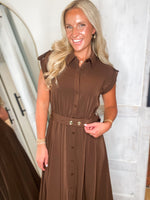Load image into Gallery viewer, On The Move Brown Belted Midi Dress
