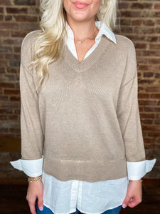 Different Perspective Taupe & White Collared Sweater Blouse