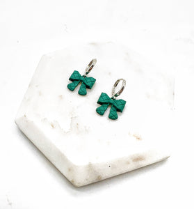 Green Quilted Bow Coquette Huggie Hoops Holiday Earrings