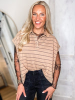 Load image into Gallery viewer, Keep Going Taupe Stripe Polo Top
