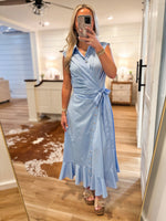 Load image into Gallery viewer, Inner Circle Chambray Midi Wrap Dress
