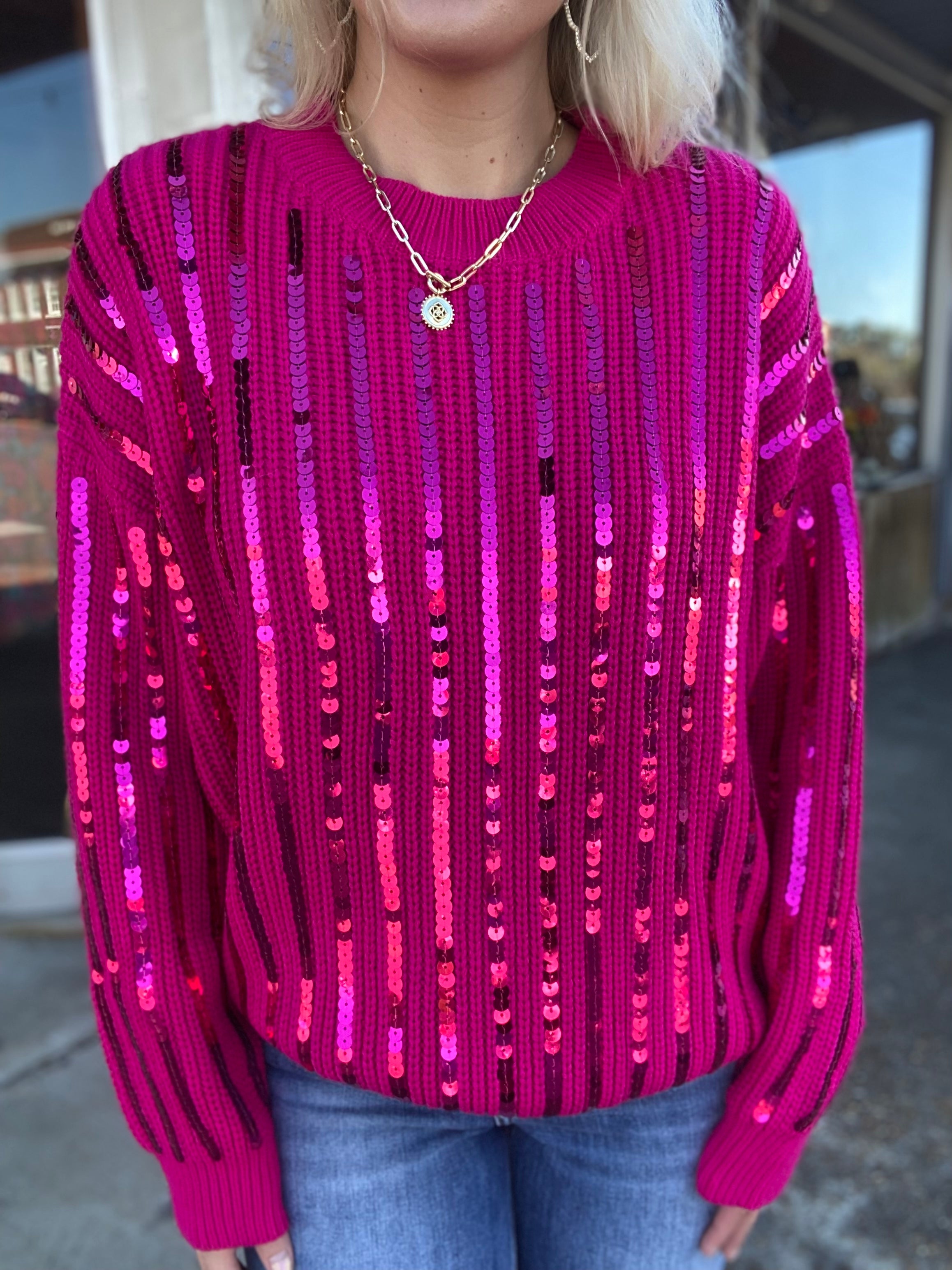 Won My Heart Fuchsia Knitted Sequin Sweater