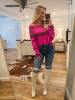 Load image into Gallery viewer, Faith In You Magenta Contrast Cold Shoulder Sweater
