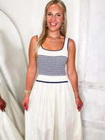 Load image into Gallery viewer, Up From Here Ivory &amp; Navy Stripe Midi Dress
