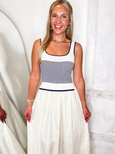 Up From Here Ivory & Navy Stripe Midi Dress