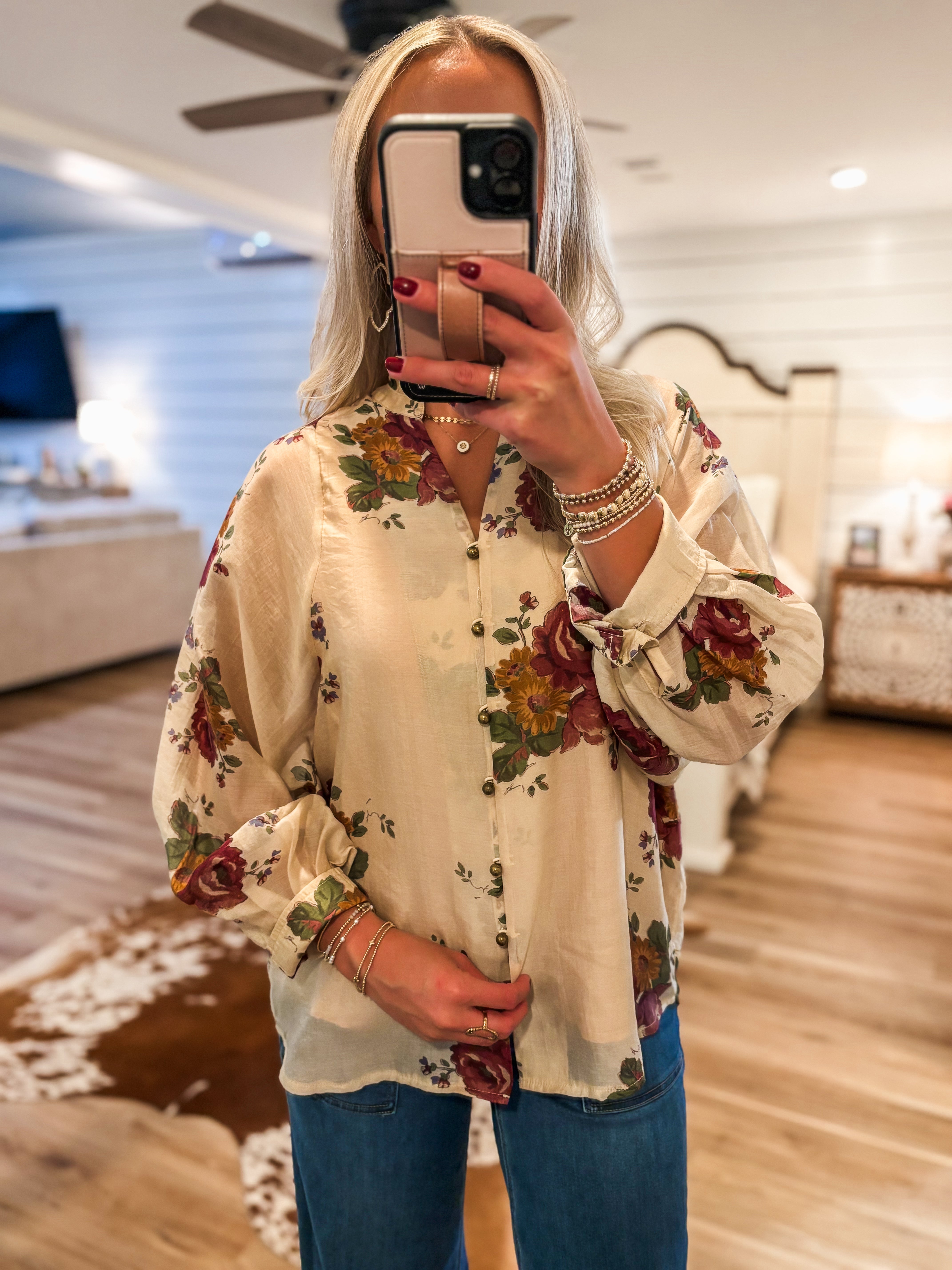 Here Now Ecru Floral Button Up Blouse