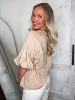 Load image into Gallery viewer, Looking Forward Bow Patch Taupe S/S Blouse

