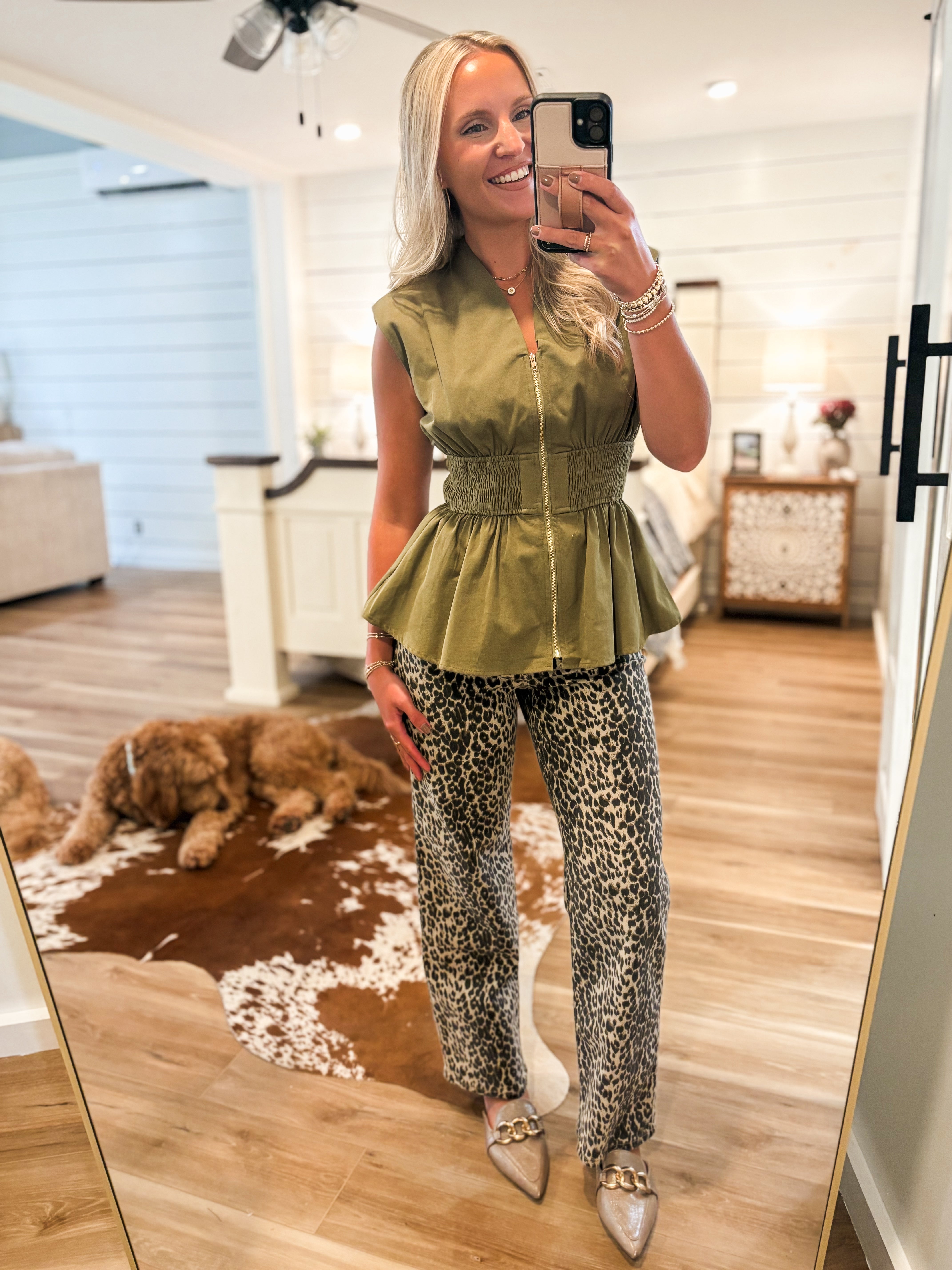 Same View Olive Zip Peplum Blouse