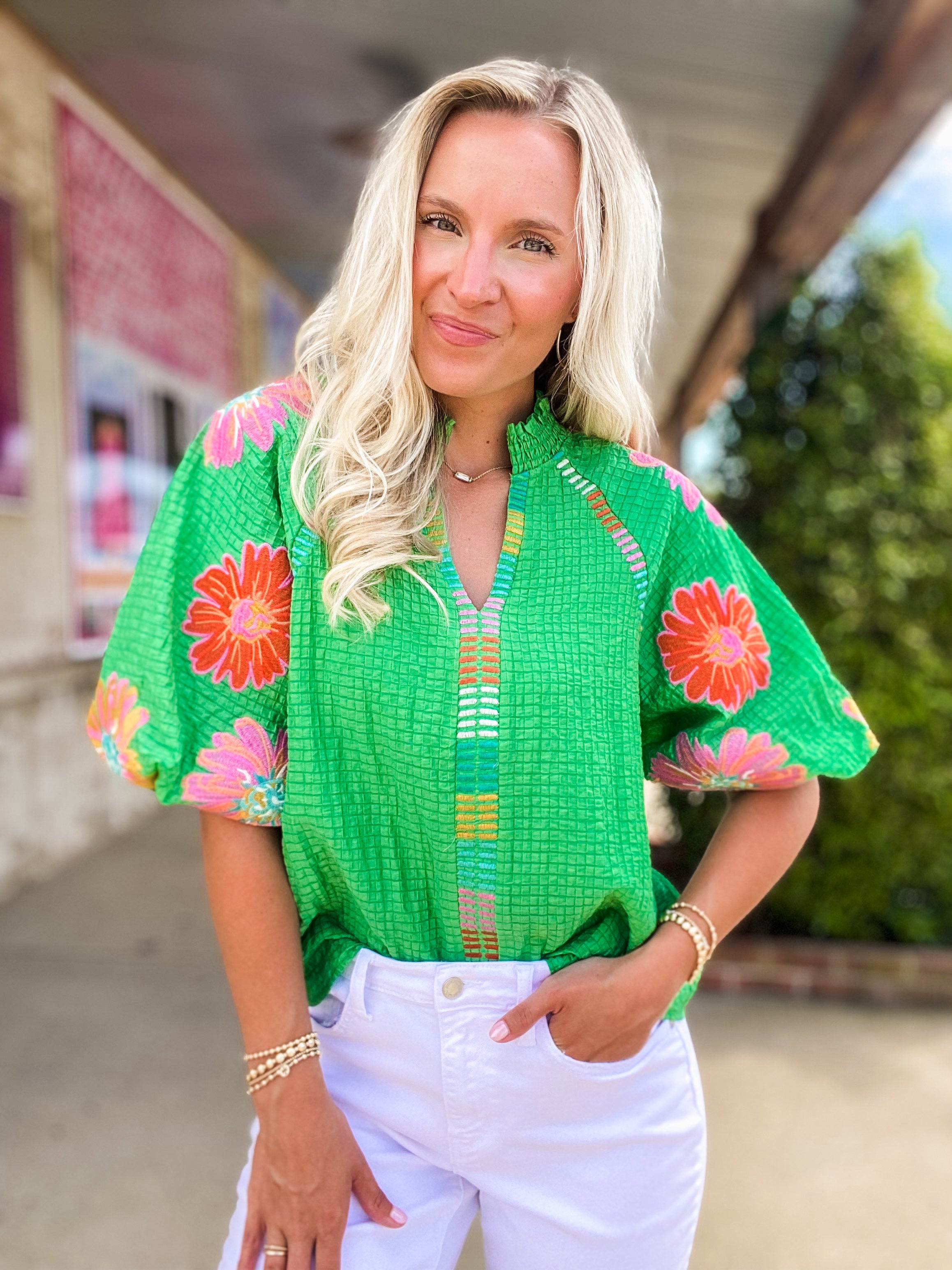 Perfect Timing Floral Embroidered Kelly Green THML Blouse