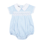 Load image into Gallery viewer, Mini Checks Smocked Collared S/S Bubble - Blue
