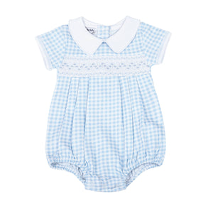 Mini Checks Smocked Collared S/S Bubble - Blue