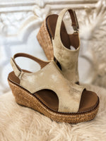 Load image into Gallery viewer, Freddie Gold Washed Metallic Corkys Wedge
