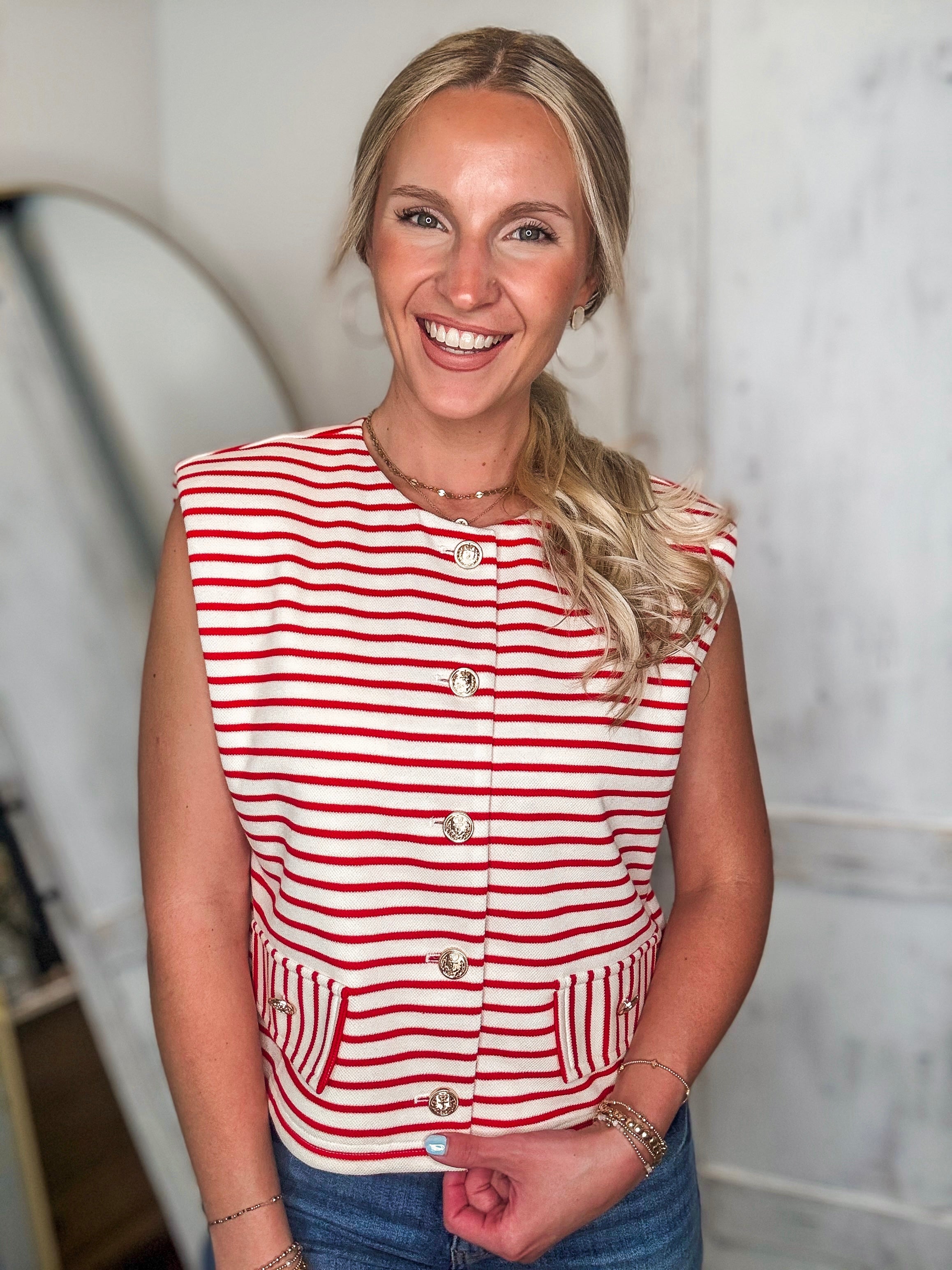 Left Unsaid Red & White Stripe Vest Blouse