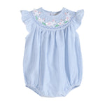 Load image into Gallery viewer, Baby Girl Blue Seersucker Bunny Smocked Flutter Romper
