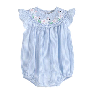 Baby Girl Blue Seersucker Bunny Smocked Flutter Romper