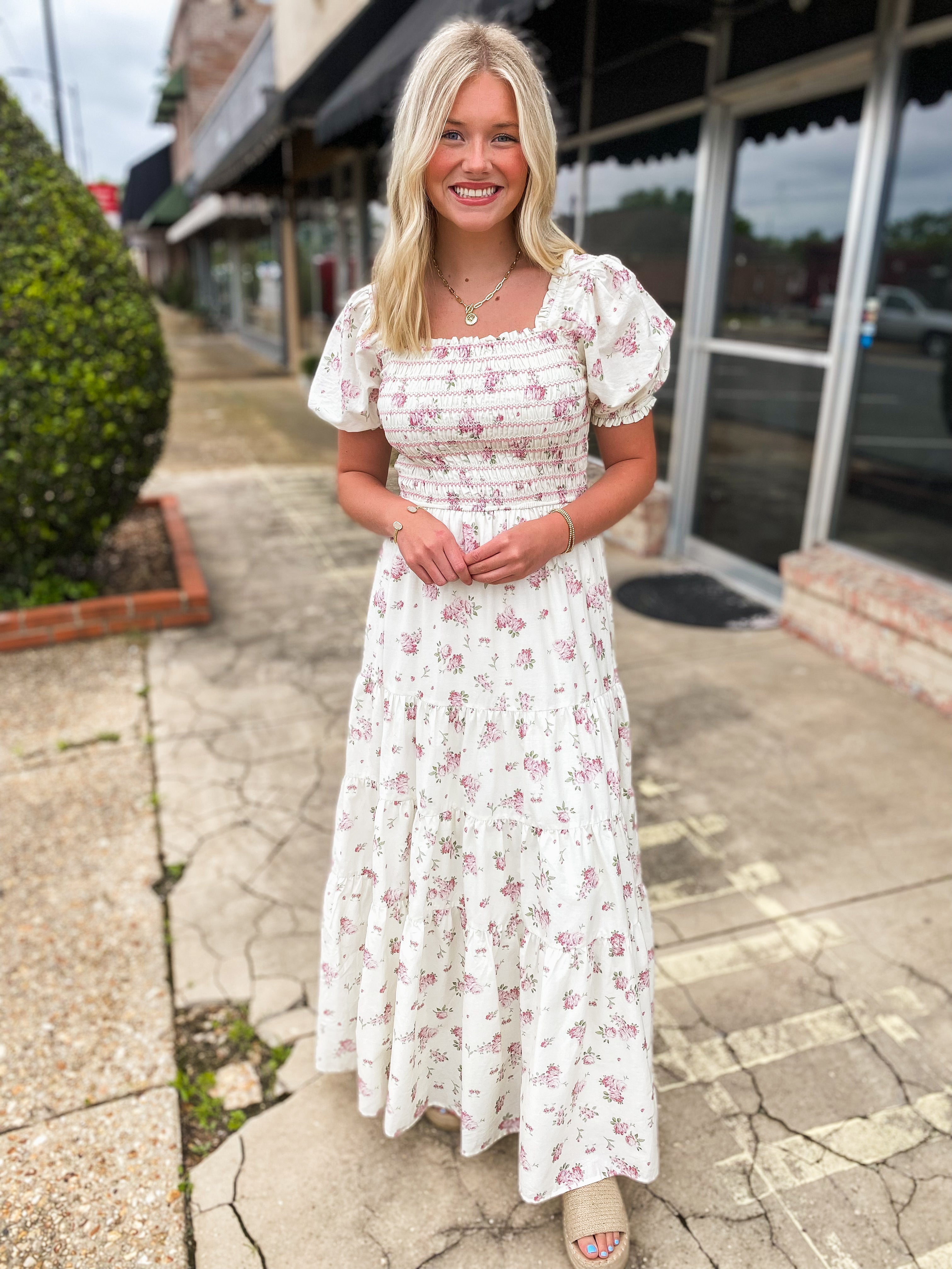 Express Your Love Pink & Ivory Floral Maxi Dress