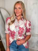Load image into Gallery viewer, Downtown Walks Pink Floral Button Down Blouse
