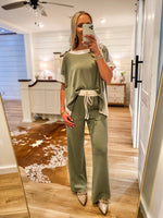 Load image into Gallery viewer, Destined To Be Olive &amp; Cream S/S Blouse &amp; Lounge Pant Set
