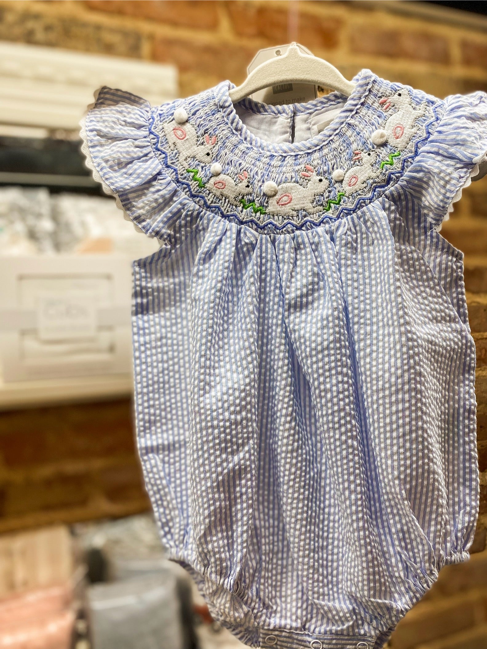 Baby Girl Blue Seersucker Bunny Smocked Flutter Romper