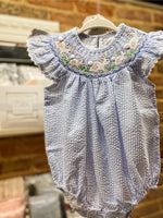 Load image into Gallery viewer, Baby Girl Blue Seersucker Bunny Smocked Flutter Romper
