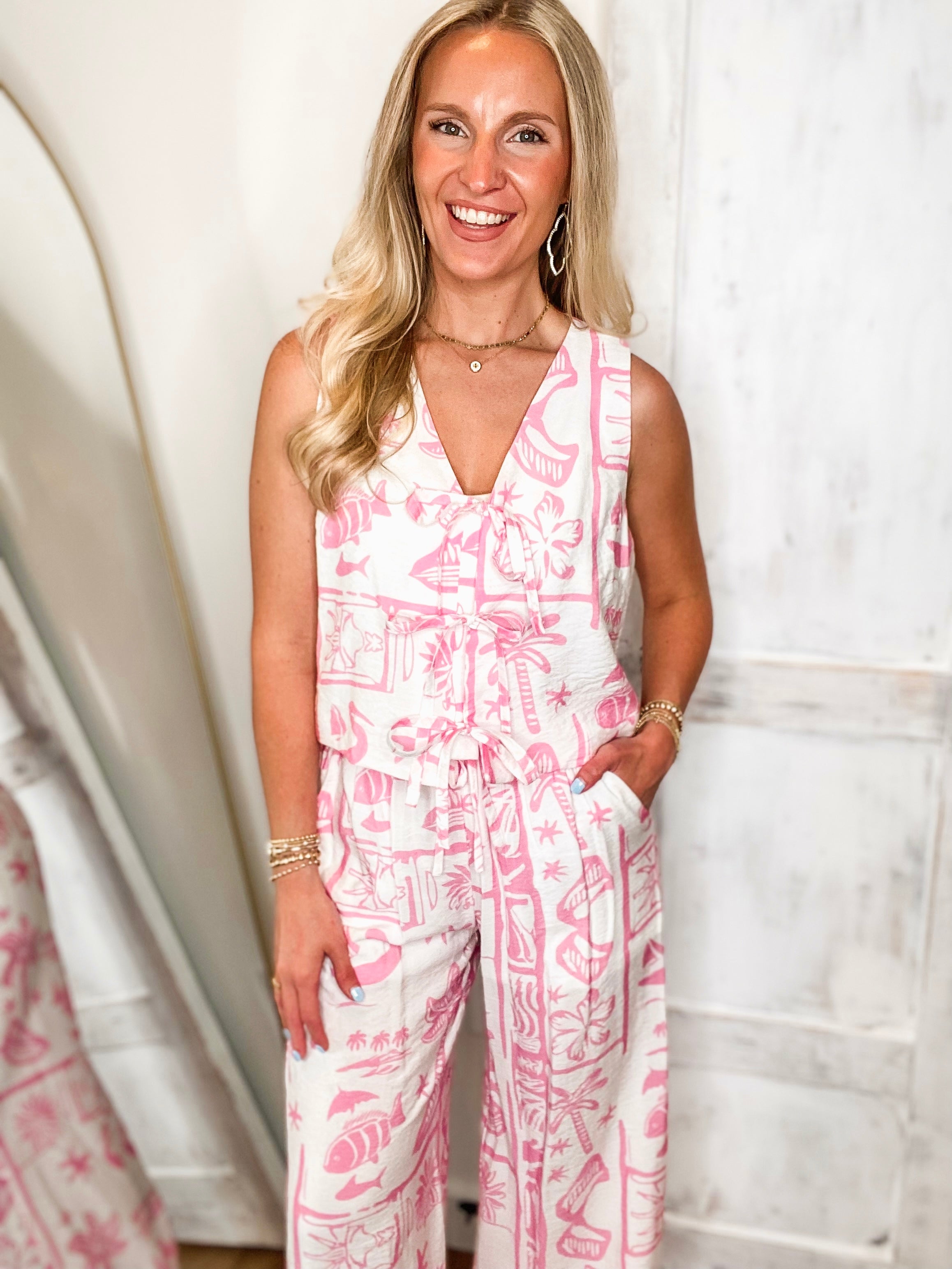 Resort Bound Pink Tropical Vest Tank & Pant Set