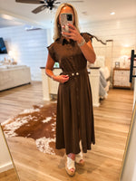 Load image into Gallery viewer, On The Move Brown Belted Midi Dress
