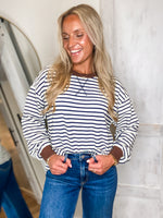 Load image into Gallery viewer, Just A Min Navy Stripe L/S Crew Top
