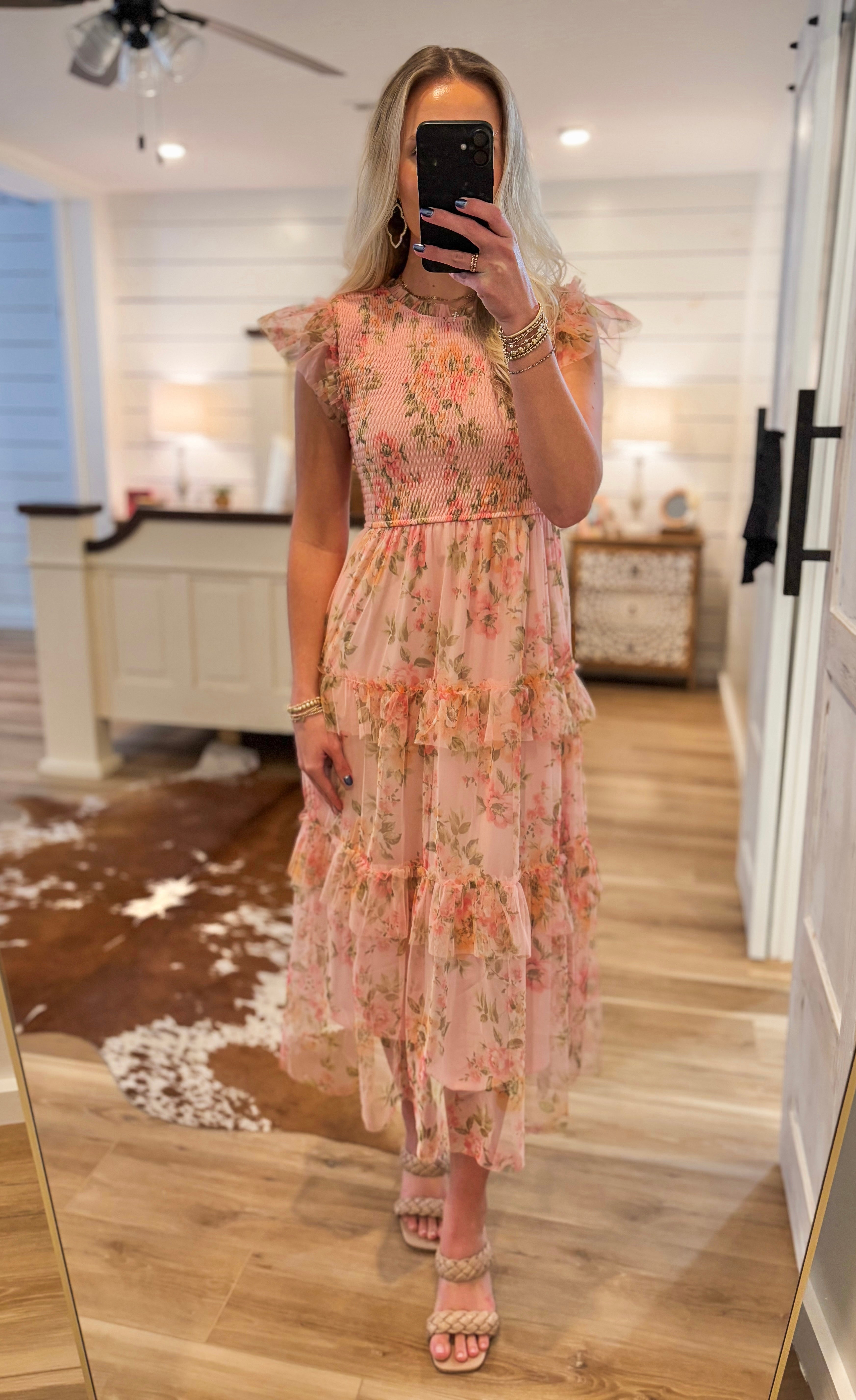 Closer View Light Pink Floral Midi Dress