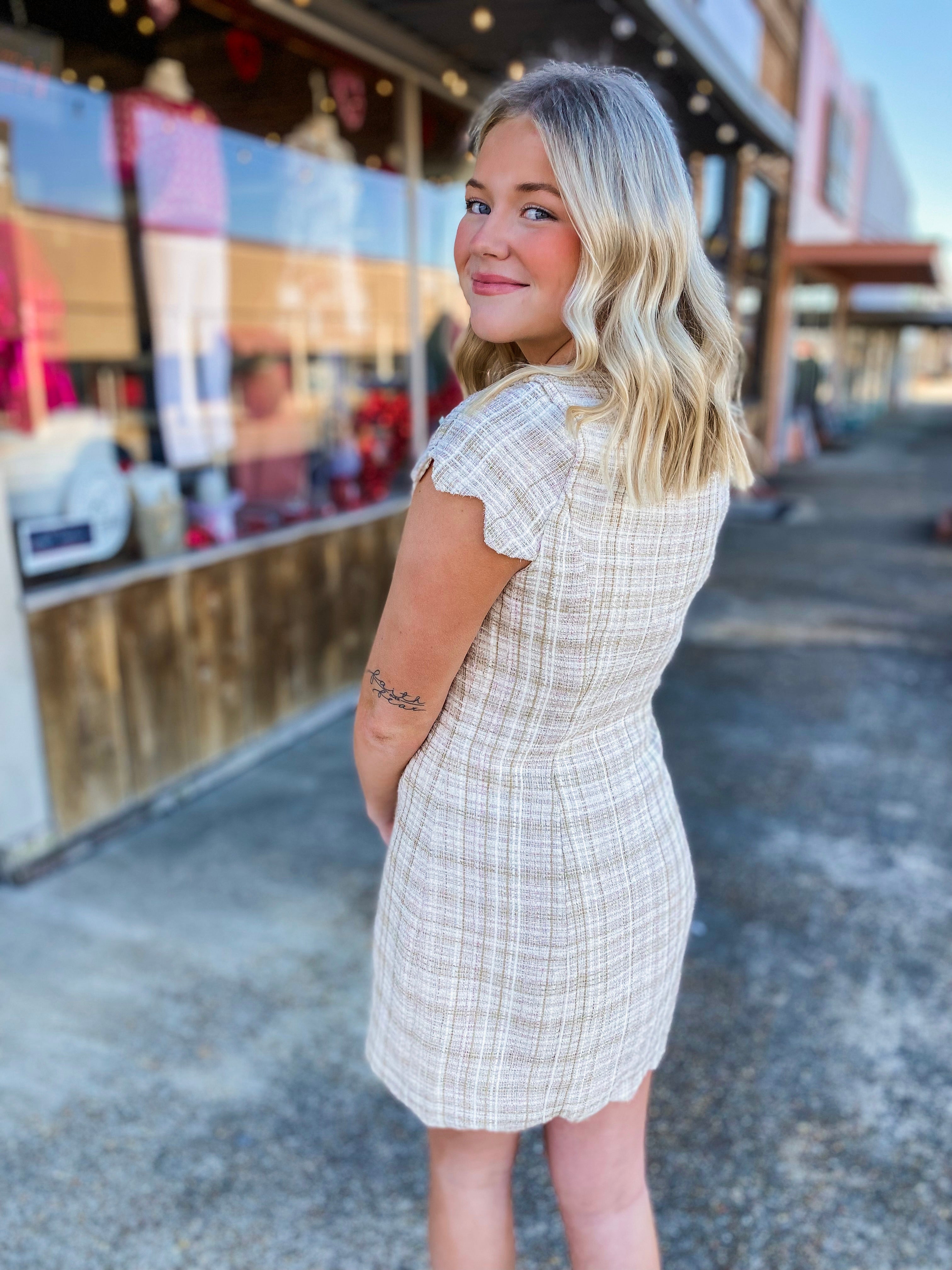 Out Again Ivory & Nude Tweed Button Up Mini Dress