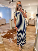 Load image into Gallery viewer, Just Made It Navy Stripe Knit Maxi Dress
