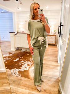 Destined To Be Olive & Cream S/S Blouse & Lounge Pant Set