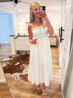 Load image into Gallery viewer, Sweet Occasion White &amp; Powder Blue Bow Midi Dress

