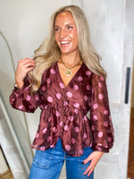 Load image into Gallery viewer, Brown/Pink Polka Dot Baby Doll Blouse
