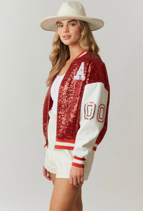 Quarterback Girl Red Sequin Letterman Jacket