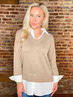 Load image into Gallery viewer, Different Perspective Taupe &amp; White Collared Sweater Blouse
