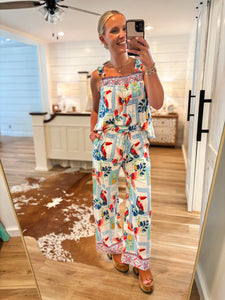 Sunset Stroll Tropical Print Linen Tank & Lounge Pant Set