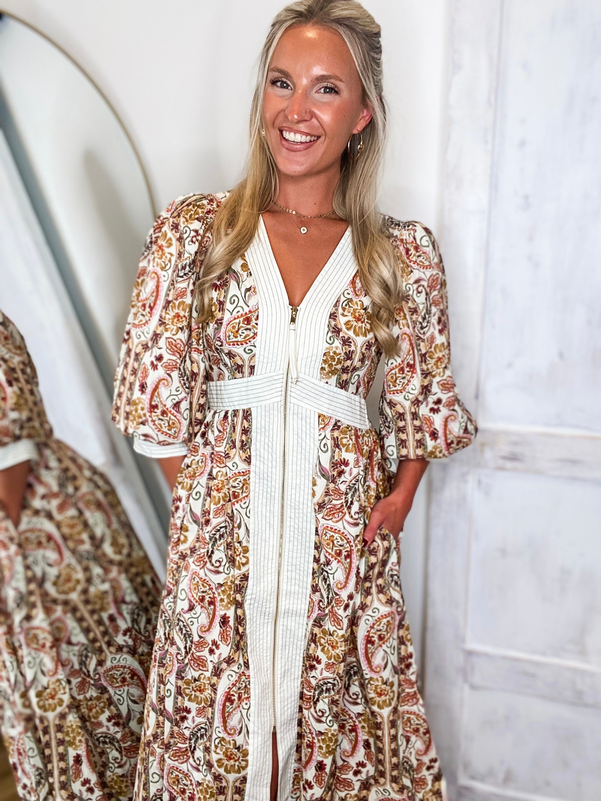 Way You Love Ivory Multi Paisley Zip Midi Dress