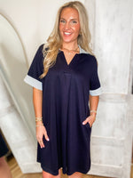 Load image into Gallery viewer, Be Back Navy S/S Luxe Knit Mini Dress
