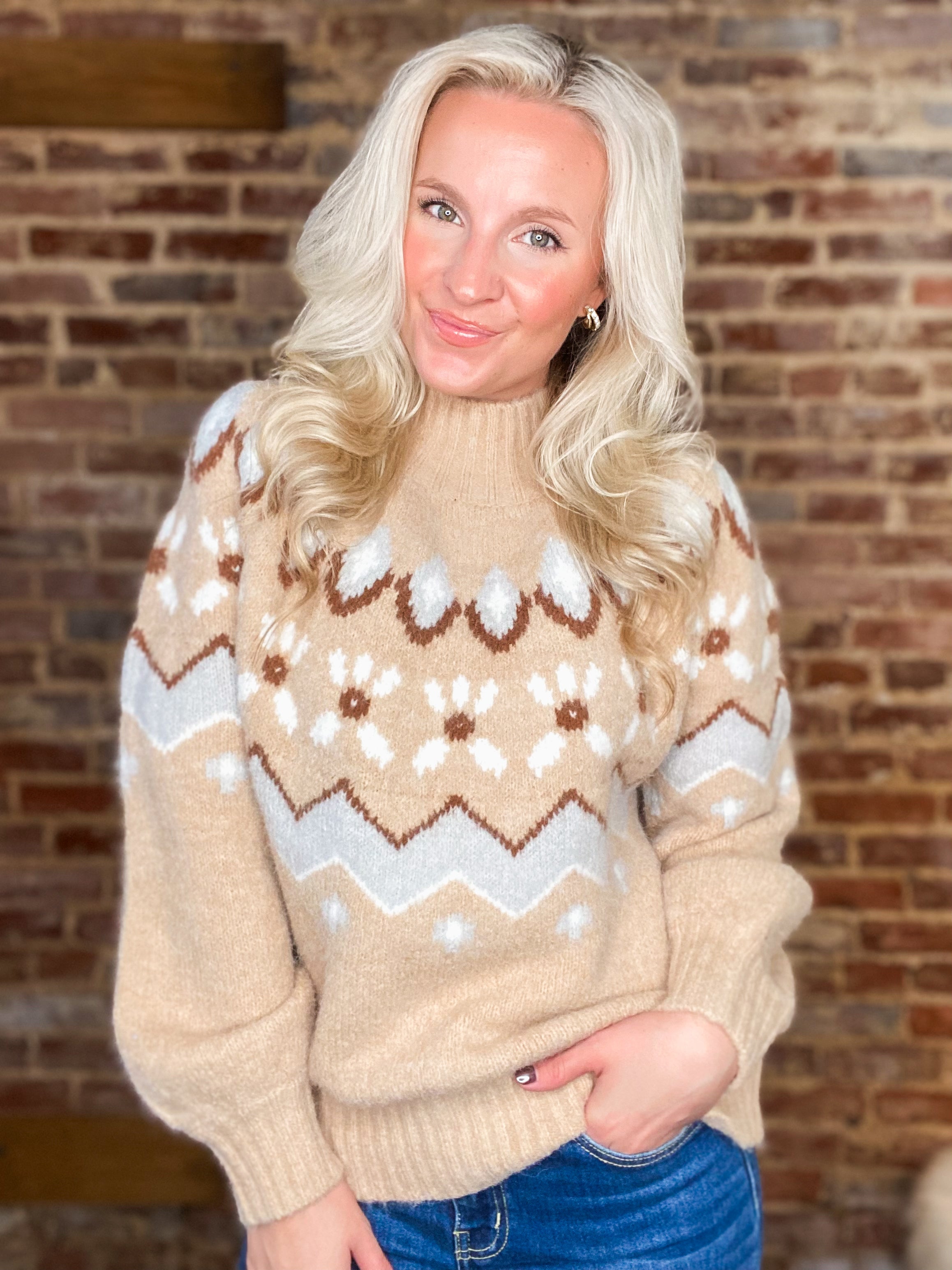 Gathered Around Taupe Printed Mock Neck Sweater