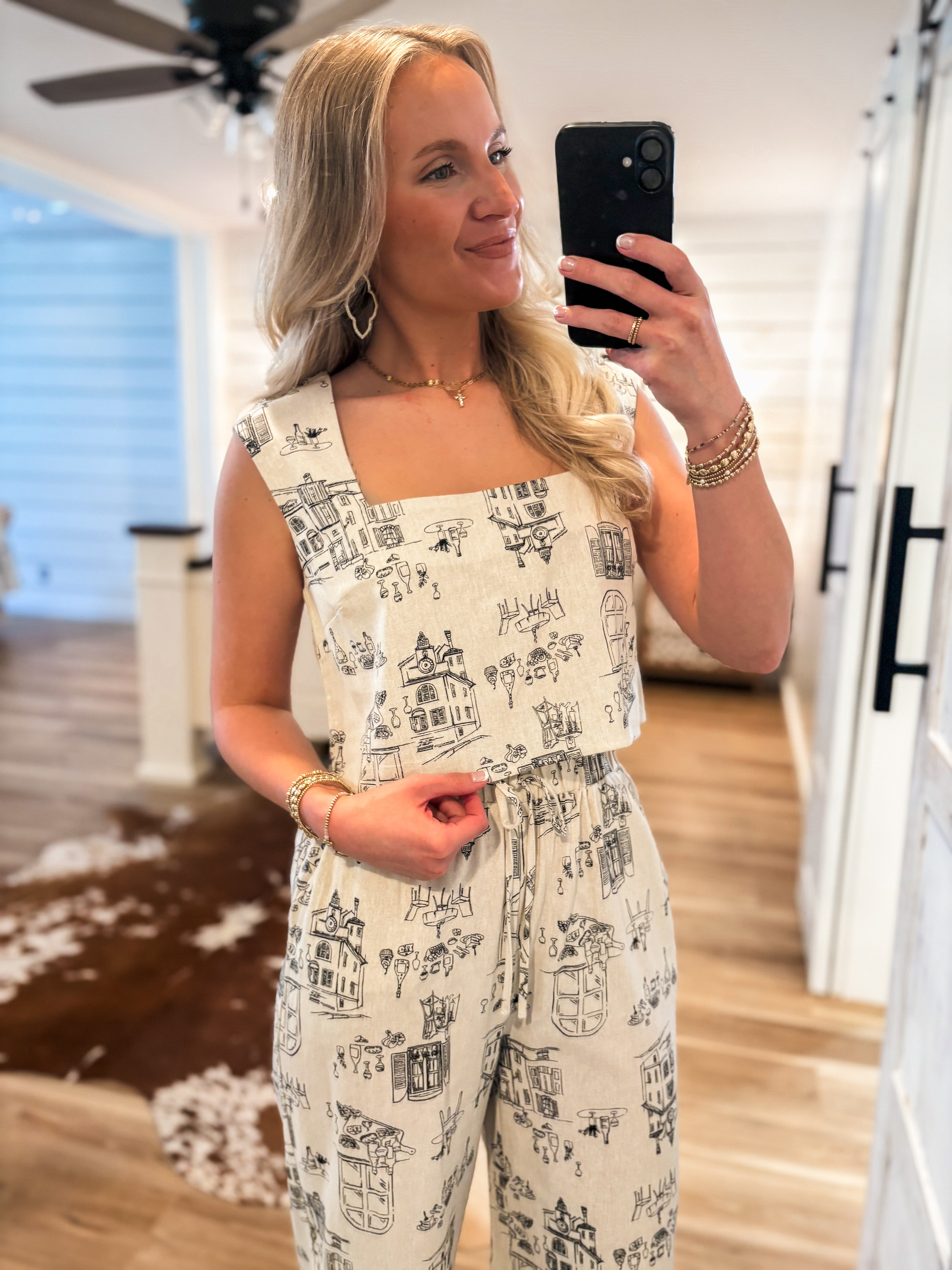 Set Sail Taupe & Black Printed Crop Top & Linen Pant Set