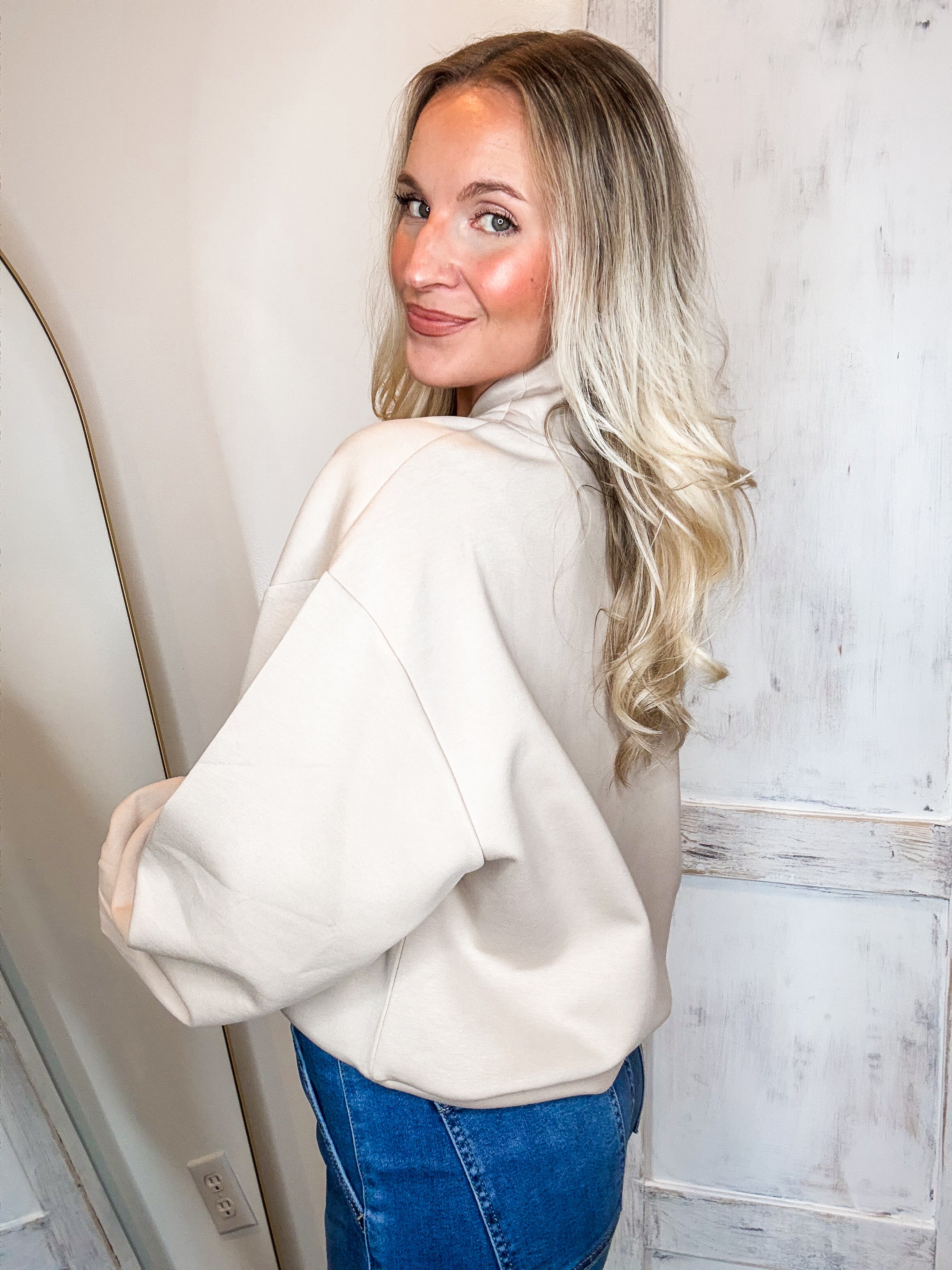 On The List Taupe Quarter Zip Scuba Pullover