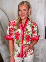 Load image into Gallery viewer, Garden Tea Party Pink Floral Contrast Blouse
